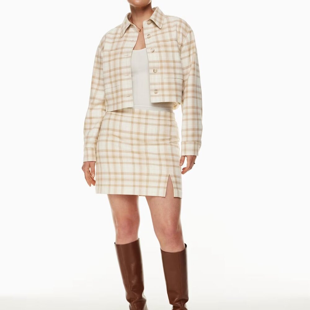 Aritzia Wilfred Little Cropped Plaid Cream Beige/White Jacket